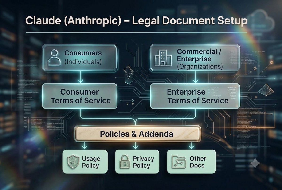 Tech_Ai_Alan's tweet photo. Are you setting up your Claude (Anthropic)integration? Navigating AI legal compliance is crucial. Here’s a clear breakdown of the required legal document setup from distinct Terms for Consumers vs. Enterprises to essential Usage and Privacy policies. compliant, build trust. https://t.co/rdiQBWucR4