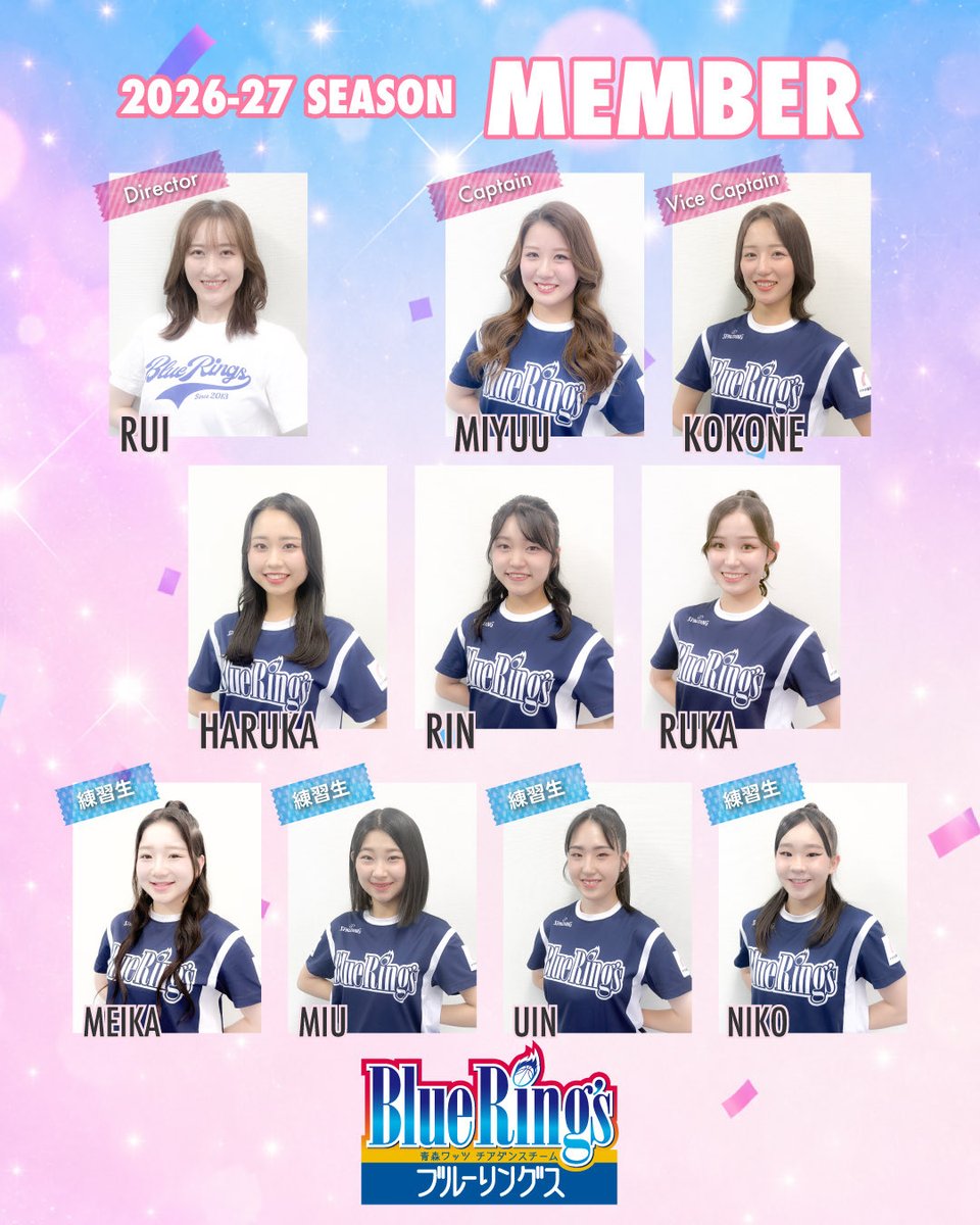bluerings_cheer's tweet photo. ／
2026-27シーズンメンバー決定✨
＼

こちらの9名で活動していきます🔥

皆さんにより一層お楽しみいただけるパフォーマンスをお届けできるよう、日々励んでまいります✨

詳細はこちら▼
https://t.co/63opgj9q6K

今シーズンも熱いご声援をよろしくお願いします！📣

#青森ワッツ #ブルーリングス https://t.co/ccgdiFYsFF