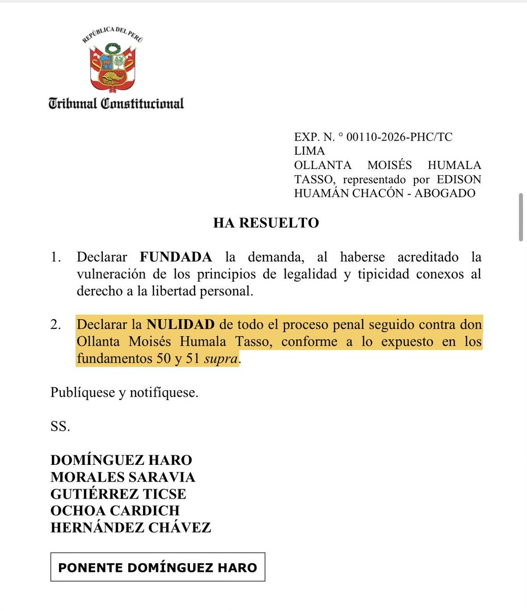 Epicentro_TV's tweet photo. 🚨Lo último. Expresidente Ollanta Humala saldrá en libertad. TC aprueba habeas corpus a su favor y anula proceso y sentencia de 15 años por lavado de activos en su contra y ordena su inmediata puesta en libertad. Mañana Humala debería dejar penal de Barbadillo luego de 1 año y 3 meses cumpliendo condena.