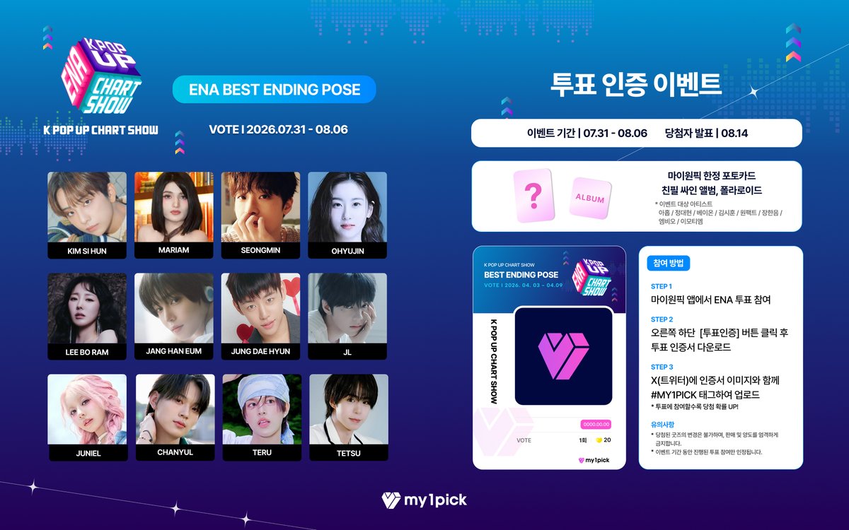 twt_my1pick's tweet photo. <ENA 케이팝업 차트쇼 21회>
ENA BEST ENDING POSE 📸

🗓️투표 기간​
˙ 2026.07.03(금) 12:00 ~ 07.09(목) 23:59 KST

🎁 투표 인증 이벤트
- 마이원픽 한정 포토카드
- 아티스트 친필 싸인앨범
- 아티스트 친필 폴라로이드

지금 바로 투표하고,
ENA 케이팝업 차트쇼 이벤트에도 참여하세요🌟

🗳️ #마이원픽 에서 ENA 케이팝업 차트쇼를 응원하세요!
🔗 https://t.co/1APrPqMD5Z

#김시훈 #마리암 #성민 #오유진 #이보람 #장한음 #정대현 #제이엘 #주니엘 #찬율 #테루 #테츠
  
#디엔에이 #원팩트 #아홉 #이모티엠 #베이온 #엠비오