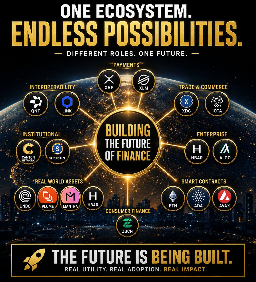 DrCrypto7's tweet photo. ❤️Stop Thinking in Coins. Start Thinking in Industries.❤️
One of the biggest mistakes in crypto is assuming every project is trying to do the same thing.
They're not.
Just like the internet needed Amazon, Google, Microsoft, Visa, Cisco, and thousands of other companies, the future digital economy will need specialized networks solving different problems.
Payments & Liquidity
🔹 XRP
🔹 XLM
Trade Finance & Global Commerce
🔹 XDC
🔹 IOTA
Enterprise Infrastructure
🔹 HBAR
🔹 ALGO
Interoperability
🔹 QNT
🔹 LINK (CCIP)
Smart Contract Platforms
🔹 ETH
🔹 ADA
🔹 AVAX
Real-World Asset (RWA) Tokenization
🔹 ONDO
🔹 PLUME
🔹 MANTRA
🔹 XDC
🔹 HBAR
Institutional Financial Markets
🔹 Canton Network (not a cryptocurrency)
🔹 DTCC
🔹 Ripple
🔹 Securitize
Consumer Finance & Payroll
🔹 ZBCN (Zebec)
The next financial system won't be built by one blockchain replacing another.
It will be built by payments connecting to tokenization, tokenization connecting to interoperability, interoperability connecting to banks, and banks connecting to global capital markets.

That is why institutions are investing billions..not because of hype, but because they're rebuilding the financial rails beneath the world's economy.

The question isn't:
"Which coin wins?"

The better question is:
"Which projects become critical infrastructure?"
That's where I believe the biggest long-term opportunities may be.
Stop watching the price. Start watching what problem each project is solving.
#XRP #XRPL #HBAR #XDC #XLM #QNT #LINK #ETH #AVAX #ADA #ONDO #PLUME #MANTRA #ZBCN #Tokenization #RWA #DigitalAssets #Blockchain #FutureOfFinance #Crypto
ripple:native