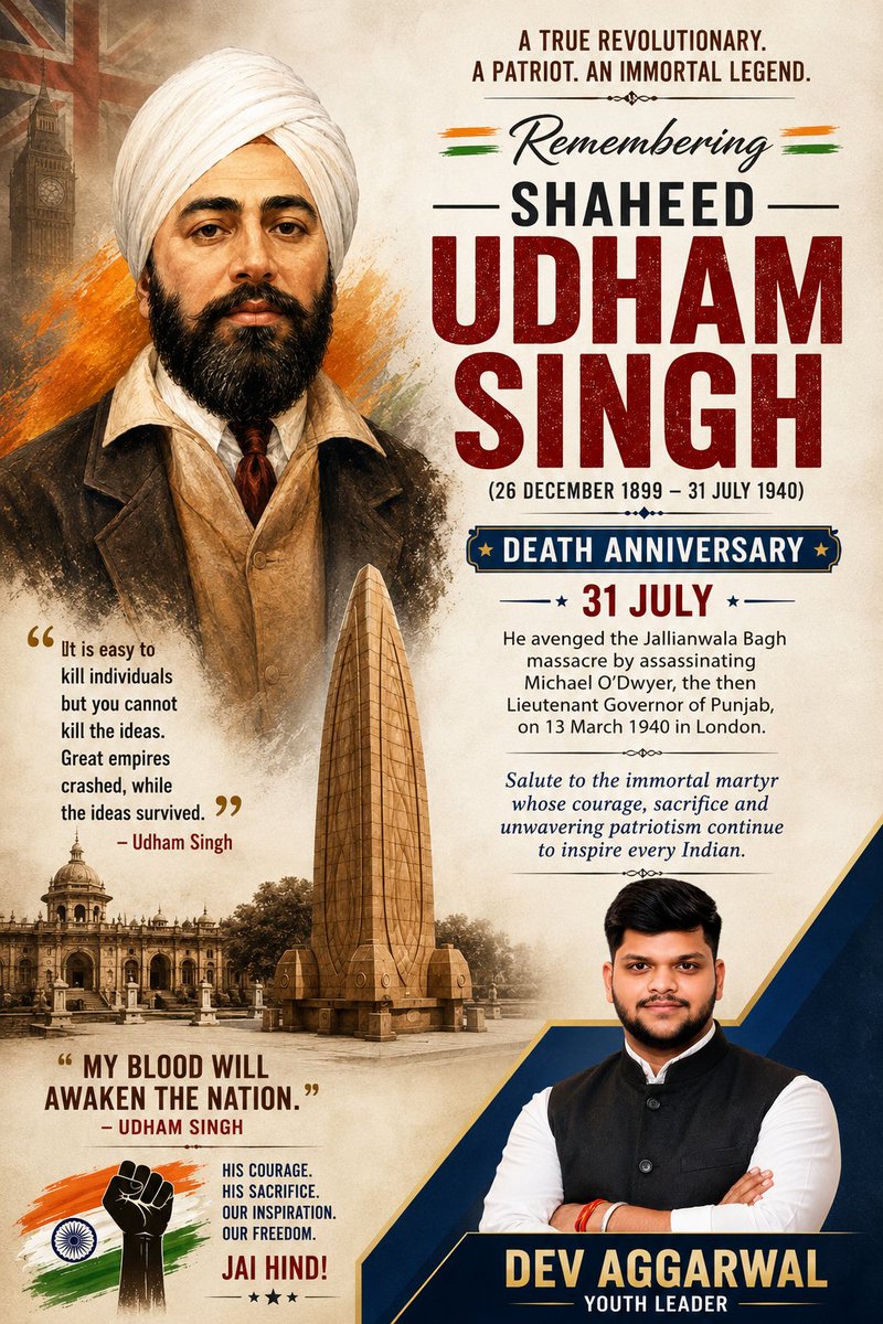 DevAggarwal0100's tweet photo. "The spirit of patriotism lives on through the courage of our martyrs. Heartfelt tribute to Shaheed Udham Singh Ji. 🌺🇮🇳"
#ShaheedUdhamSingh #ShaheediDiwas #RememberingUdhamSingh #JaiHind #IndianHeroes #Patriotism #FreedomFighters #India https://t.co/N84sFOrwOs