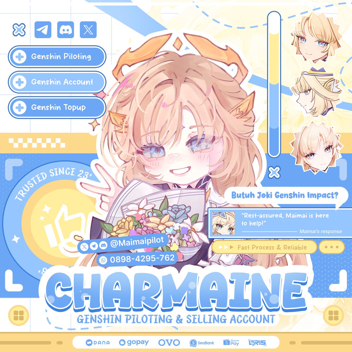 maimaibackup_'s tweet photo. 🪽 ꒰ა Open Joki 24/7 ໒꒱ ✨

𓆩♡𓆪 Need a little angel to take care of your Teyvat journey? ☁️💕

── .✦
♡ Exploration
♡ Quests
♡ Events
♡ Farming
♡ Account Maintenance
── .✦

🍥 Fast Process
🎀 Loyalty Card
💗 QRIS available

t. #zonauang #jokigenshin #warunggenshin https://t.co/tZ92iekxKA