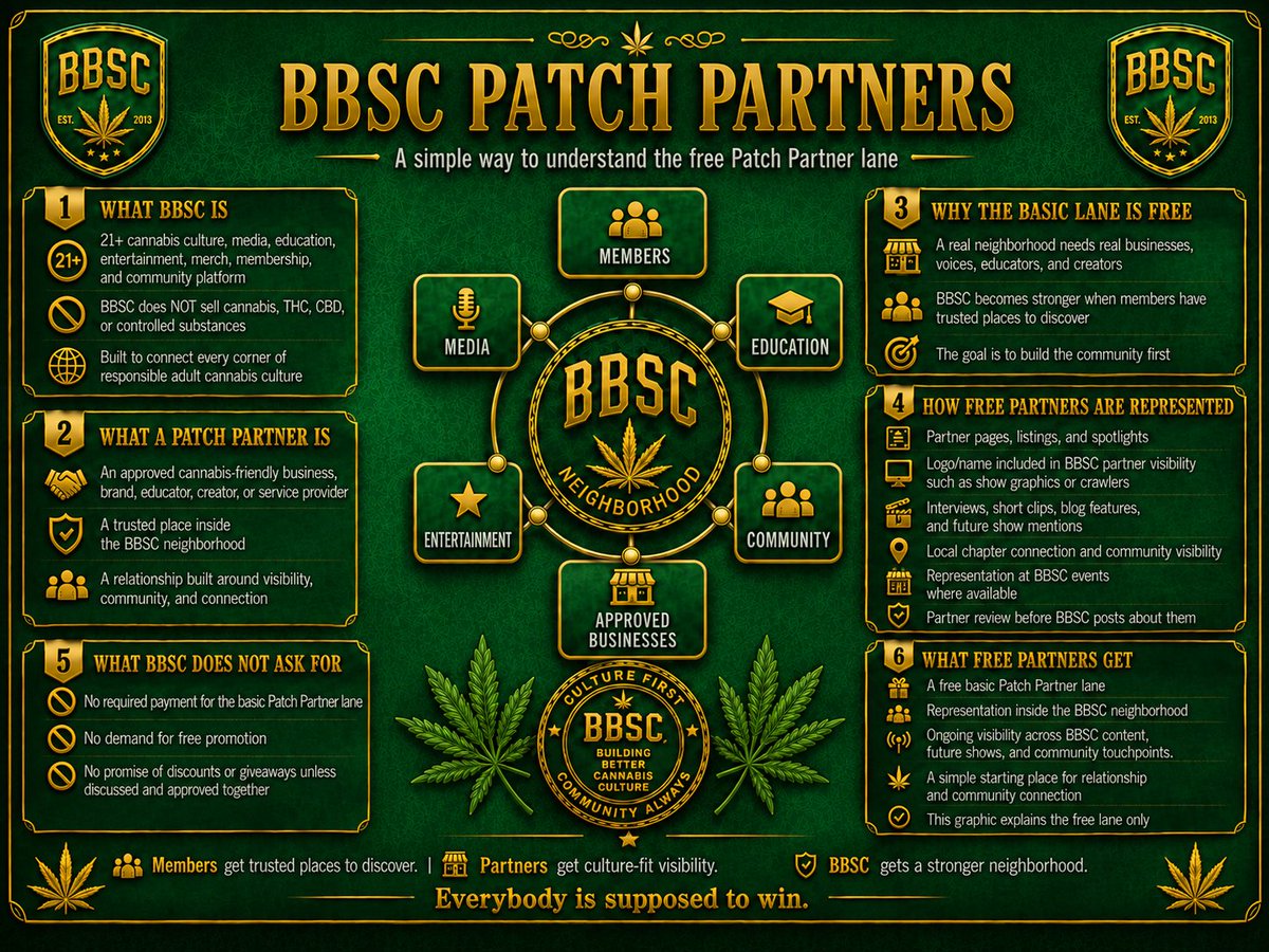 BBSC420's tweet photo. BBSC Patch Partners: The Free Lane 🌿
We’re building a 21+ cannabis culture neighborhood where members discover trusted businesses, creators, educators, brands and voices.
Members get value. Partners get visibility. BBSC gets stronger. Everybody wins.
#BBSC #PatchPartners https://t.co/xJmM2Cennr