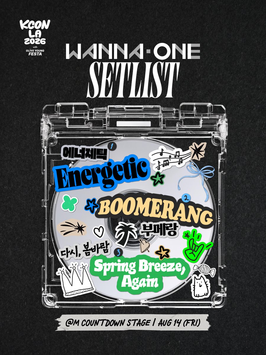kconusa's tweet photo. [#KCONLA2026] 𝗪𝗮𝗻𝗻𝗮 𝗢𝗻𝗲 SETLIST REVEAL

🎵 에너제틱 (Energetic)  
🎵 BOOMERANG (부메랑)
🎵 다시, 봄바람 (Spring Breeze, Again) 

The wait is over. ✨
𝗪𝗮𝗻𝗻𝗮 𝗢𝗻𝗲's setlist is finally here.
Experience these unforgettable stages live at KCON LA 2026!

🍀AUG 14 (FRI), M COUNTDOWN STAGE

𝐆𝐄𝐓 𝐘𝐎𝐔𝐑 𝐓𝐈𝐂𝐊𝐄𝐓 𝐍𝐎𝐖!
🎟️ https://t.co/ANYHzUuKb5 

🔗Ticket Info 
https://t.co/iJRABamsFz

-
KCON LA 2026
AUG 14-16
https://t.co/0wcVXgZVPl Arena, LA Convention Center

Let’s #KCON