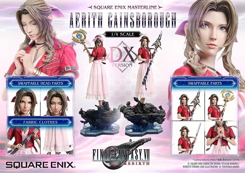 SQEX_eSTORE's tweet photo. 「スクウェア・エニックス マスターライン」に、『#FF7リバース』の「エアリス」が登場！ガードロッドを握る姿を1/4スケールで捉えたスタチューです。DX版にはワイザーロッド、ガンバンテインの2本のロッド、祈りを捧げるポージングの差し替えパーツも付属します。#FF7
https://t.co/U2Cw6ZxIkA https://t.co/sppbGtYdLh