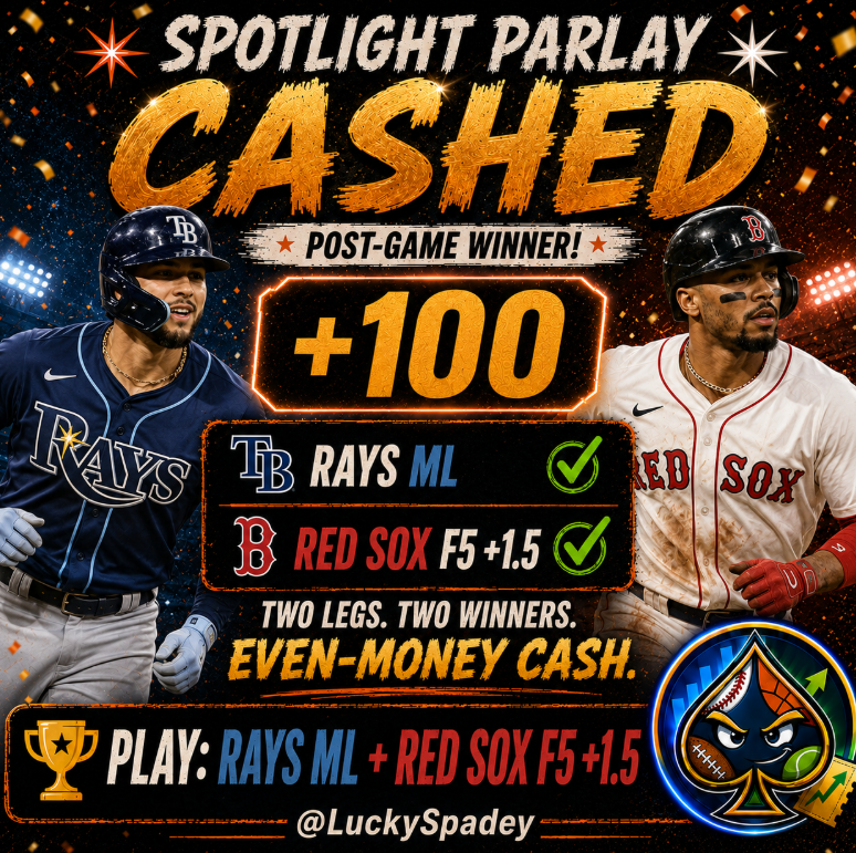LuckySpadey's tweet photo. Spotlight Parlay CASHES ✅

Rays ML ✅
Red Sox F5 +1.5 ✅
Odds: +100
Two legs, two winners. Even-money spot hits and the stake gets doubled.
Kept it simple, protected where needed, and it got there.

#MLB #Rays #RedSox https://t.co/3QDhORyVi4