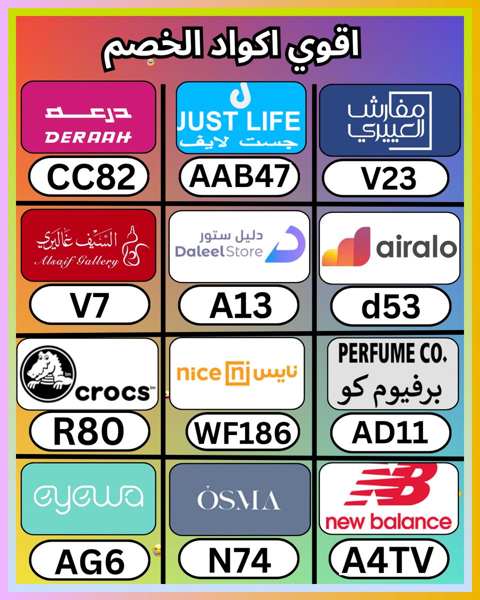 ChooseKaioS's tweet photo. في السعودية أبدأ من ايرالو ثم كود و خصم و كوبون، وبعدها اوسما للعطور و مفارش العييري و دليل ستور و درعه و نايس سلطنة عمان و ايوا و السيف غاليري و جست لايف و كروكس و برفيوم كو جاليري و الامارات و نيو بالانس
 ぴぇぐぷぺぽへ 🐾🚧 https://t.co/BEKW5JkyoM
