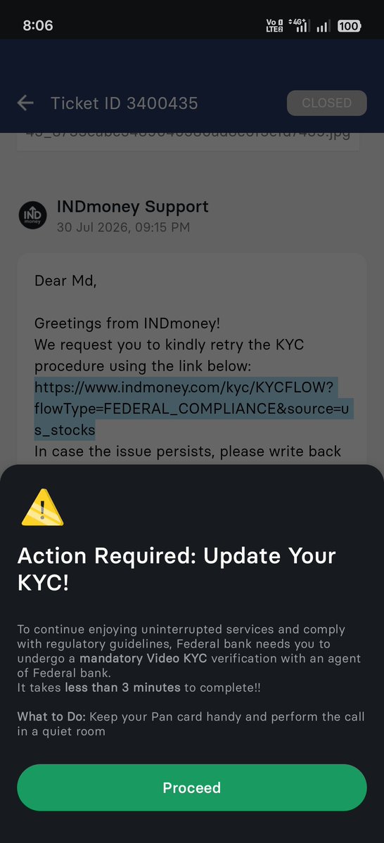 theislamkhan's tweet photo. @INDmoneyApp @FederalBankLtd If I'm unable to access from @INDmoneyApp then how can add money in US stocks account by federal bank. I reached out to customer support they said once try to complete vkyc they provided link but still video KYC page shows KYC expired and your account is inactive @INDmoneyApp 2/3 https://t.co/xKtkfumofm