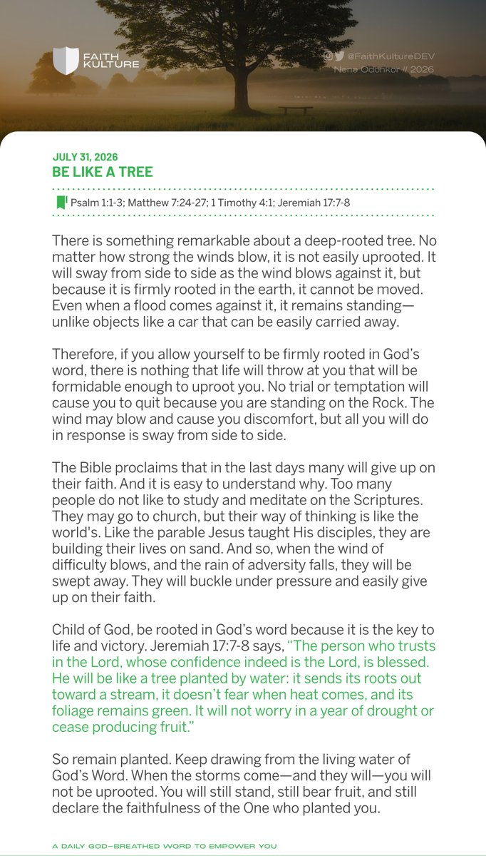 FaithKultureDEV's tweet photo. Keep drawing from the living water of God’s Word. When the storms come—and they will—you will not be uprooted. You will still stand, still bear fruit, and still declare the faithfulness of the One who planted you. https://t.co/7AkWlR9vb8