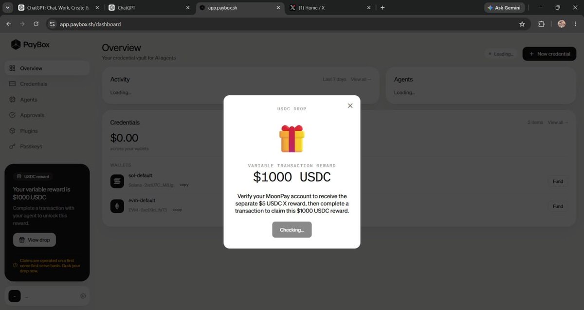 Balheem3's tweet photo. Free $5~1000$+ 🤑

PayBox Setup Guide 

1️⃣ Create a ChatGPT account
• Visit https://t.co/R22CAREVfm
• Register a new account if you don't already have one

2️⃣ Connect PayBox
• Go to https://t.co/3OvDZvEy4w
• Choose ChatGPT
• Copy the server URL provided

3️⃣ Enable Developer Mode
• Open ChatGPT
• Tap your profile (bottom left)
• Go to Settings → Security & Login
• Enable Developer Mode

4️⃣ Install the PayBox Plugin
• Open the Plugins section
• Select Browser Plugin
• Tap the + button
• Name it PayBox or whatever u like
• Add any description
• Paste the copied server URL
• Create the plugin

5️⃣ Finish Your Wallet Setup
• Sign in with PayBox
• Continue using your email
• Create a passkey
• Complete your wallet setup

6️⃣ Prepare for X Rewards
• Visit https://t.co/DipRTLersM
• Log in with the same email
• You'll see the option to connect your X account