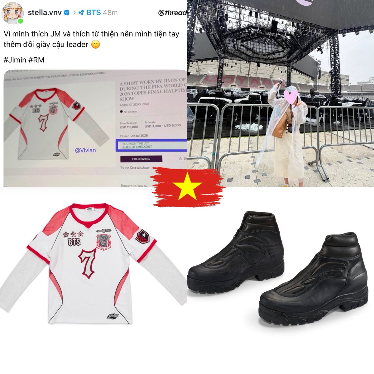 jnfication's tweet photo. Una ARMY vietnamita, de bias Jimin, ganó su camiseta de $110,000 en una subasta y luego también compró los zapatos de Namjoon para apoyar aún más la causa benéfica. 

💜: “Como me encanta Jimin y quería apoyar la causa, compré también los zapatos del líder”. https://t.co/ZSUjcPhFQL