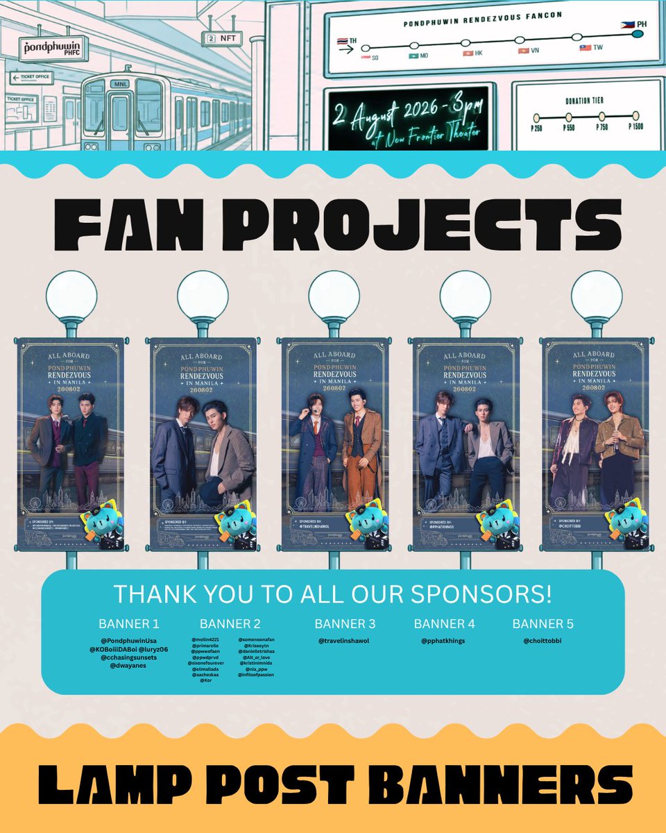 PondPhuwinPHFC's tweet photo. 『 𝑷𝒐𝒏𝒅𝑷𝒉𝒖𝒘𝒊𝒏 𝑹𝒆𝒏𝒅𝒆𝒛𝒗𝒐𝒖𝒔 𝒊𝒏 𝑴𝒂𝒏𝒊𝒍𝒂 𝑭𝒂𝒏 𝑷𝒓𝒐𝒋𝒆𝒄𝒕 | 𝑳𝒂𝒎𝒑 𝑷𝒐𝒔𝒕 𝑩𝒂𝒏𝒏𝒆𝒓𝒔 』

Our PondPhuwin lamp post banners are officially up! We're so excited to finally share one of our fan projects as we count down to PondPhuwin arrival in the Philippines. ✨🩵

📍| Globelight Banners along Aguinaldo Ave
🗓️| July 31 - August 6

Spot our banners? Don't forget to snap a photo & tag us! 📸

Thank you for supporting our fan projects! Our donation drive is still open, and every donation brings us closer to our goal. See you at the station! 🇵🇭🫶🏻

In collaboration with @FiloNarawins 

#PondPhuwinRendezvousInPH
#PondPhuwinRendezvousJourney
#PondPhuwin #ปอนด์ภูวินทร์