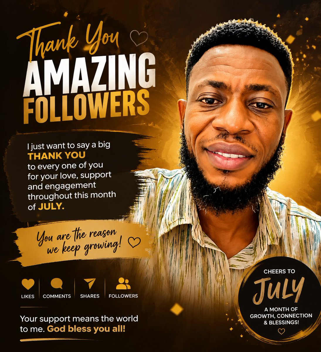 Slimsteve83's tweet photo. To everyone who has supported me this month, I say THANK YOU. 🙏
May God reward your kindness, bless your homes and take us to greater heights together in August. ❤️✨ https://t.co/Yb7pAXqxP5