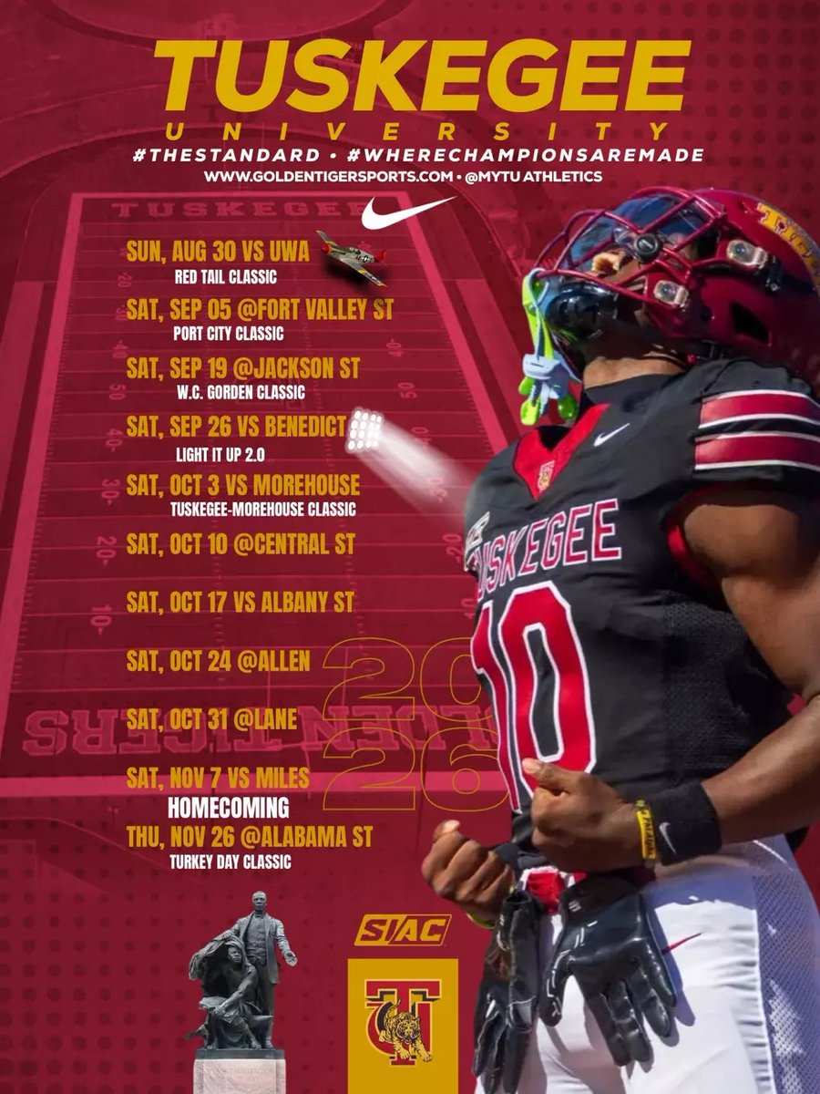 blackcollegenc's tweet photo. π π π
#ICYMI - Because the 2026 football season is just around the corner β¦
The 2026 season schedule for the Tuskegee University Golden Tigers!
π π π
#tuskegeeuniversity #tugoldentigers #siacfootball #blackcollegefootball https://t.co/GmirtaJa6u