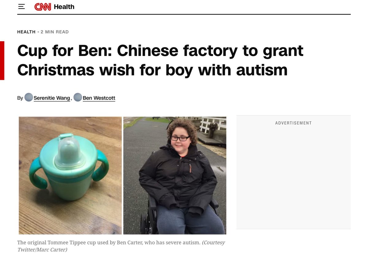 Eivor_Koy's tweet photo. This is a story of how a Chinese factory in Dongguan showed what real kindness looks like.

British boy Ben Carter has severe autism and would only drink from one specific blue Tommee Tippee cup he’d used since he was two. The cup was falling apart and the model had been discontinued for years — without it he risked dehydration.

Chinese workers hunted down the old moulds unused since 2003, carefully made 8 slightly different coloured versions so Ben could test which one he’d accept, then produced 1,000 more as a lifetime supply.

This is how we should help each other.