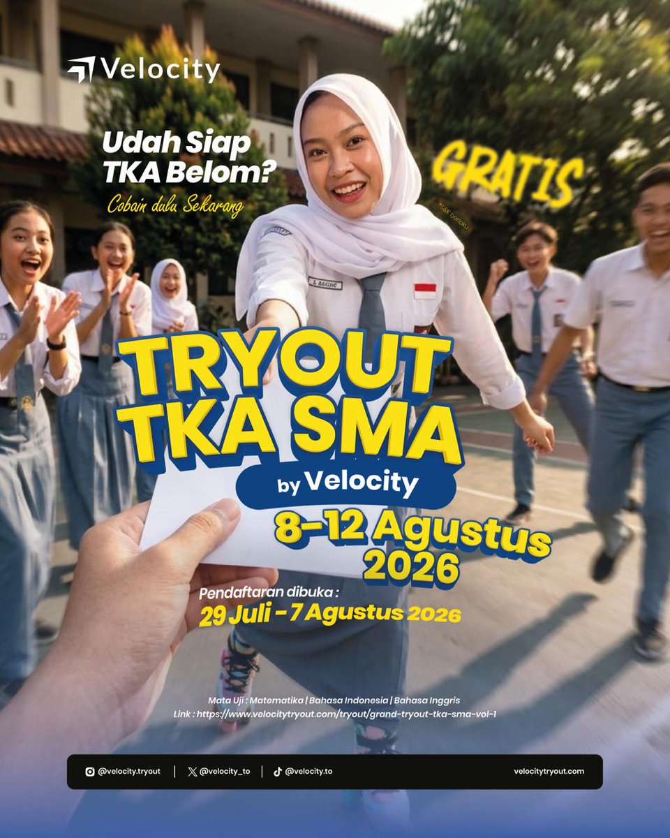 velocity_to's tweet photo. 🚀 Grand Tryout TKA SMA Vol. 1 by Velocity resmi dibuka!

Saatnya uji kemampuanmu sebelum TKA sesungguhnya. Bukan cuma melihat skor, tapi memahami posisi, kekuatan, dan materi yang masih perlu dikejar.

🎯 Kenapa ikut?
✅ Soal sesuai standar TKA SMA
✅ Ranking nasional
✅ Analisis hasil yang membantu belajar lebih terarah
✅ Simulasi ujian yang realistis

Jangan cuma belajar banyak. Belajarlah dengan arah.

📅 Pendaftaran: 29 Juli–8 Agustus 2026
📝 Pelaksanaan: 8 Agustus 2026

Daftar sekarang dan buktikan sejauh mana persiapanmu! 🔥

#TryoutTKA #TKA2026 #TKASMA #TryoutOnline #VelocityBelajar #BelajarTerarah