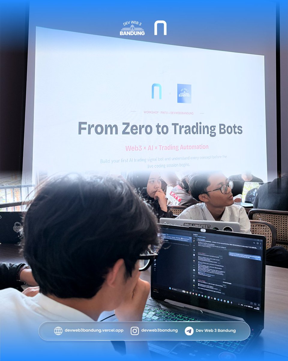 devweb3bandung's tweet photo. Workshop ✅
Diskusi ✅
Ngoding bareng ✅

Dokumentasi event From Zero to Trading Bots Collaborate with @pintu_id

Semoga habis ini makin banyak yang bikin trading bot, bukan cuma jadi penonton. 👀 https://t.co/nZ4KZ3ZIIY