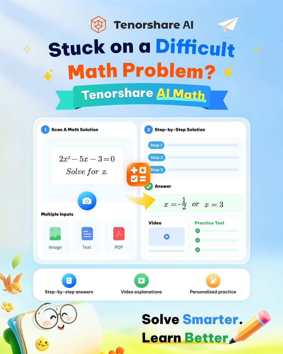 TenorshareAI's tweet photo. 🚀 Tenorshare AI Math is here!

Stuck on a math problem?

Upload your question from text, images, or PDFs and get clear AI-powered solutions with:

📌 Step-by-step explanations
🎥 Video tutorials
📝 Practice questions

Solve smarter. Learn better.

🔗 https://t.co/OKHI4sgtzL

#Tenorshareai #MathHelp #StudyTools