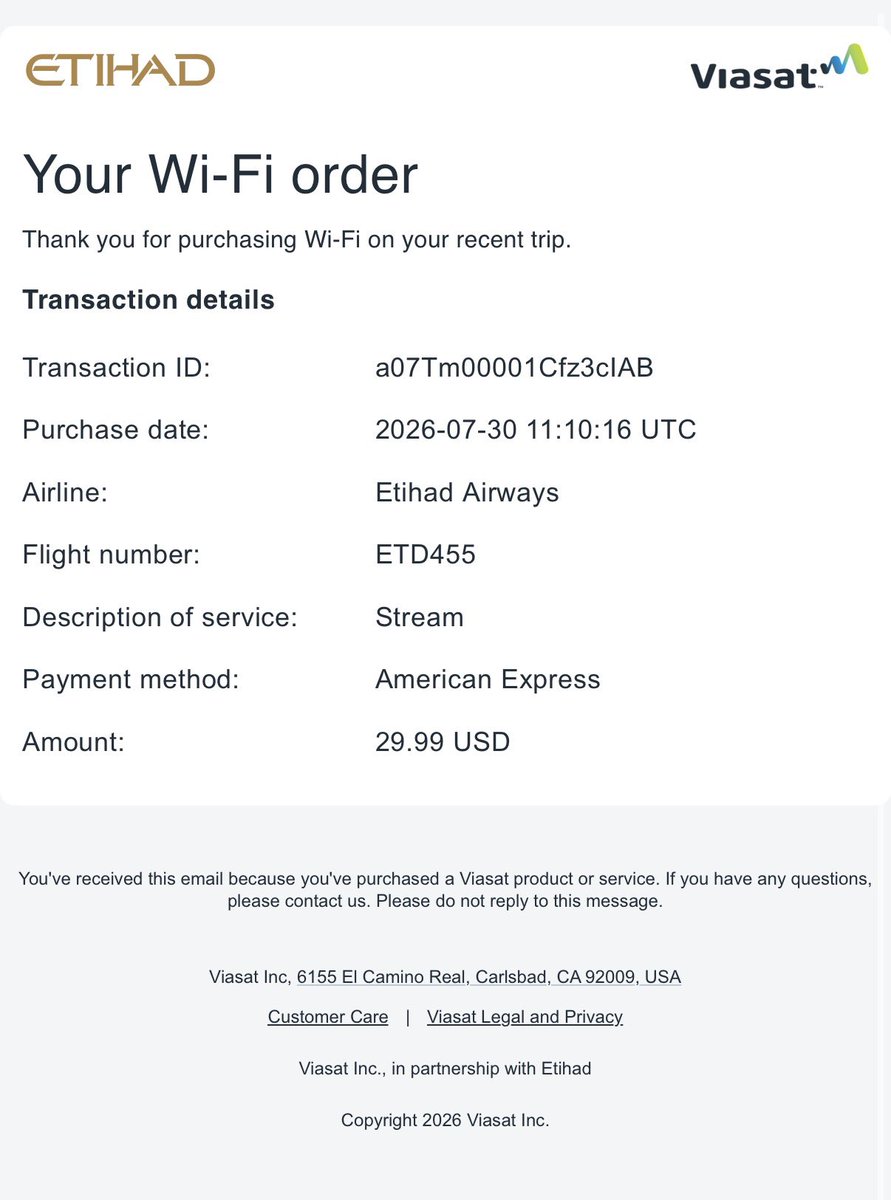 Elliotdouch's tweet photo. Also spent $29.99 USD on Wifi that didn’t work for 80% of the flight. By far the worst experience I have had with any airline, shocking communication and lack or transparency. @etihad sort it out, can someone get back to me to deal with this issue. https://t.co/lFPgeZSs4U
