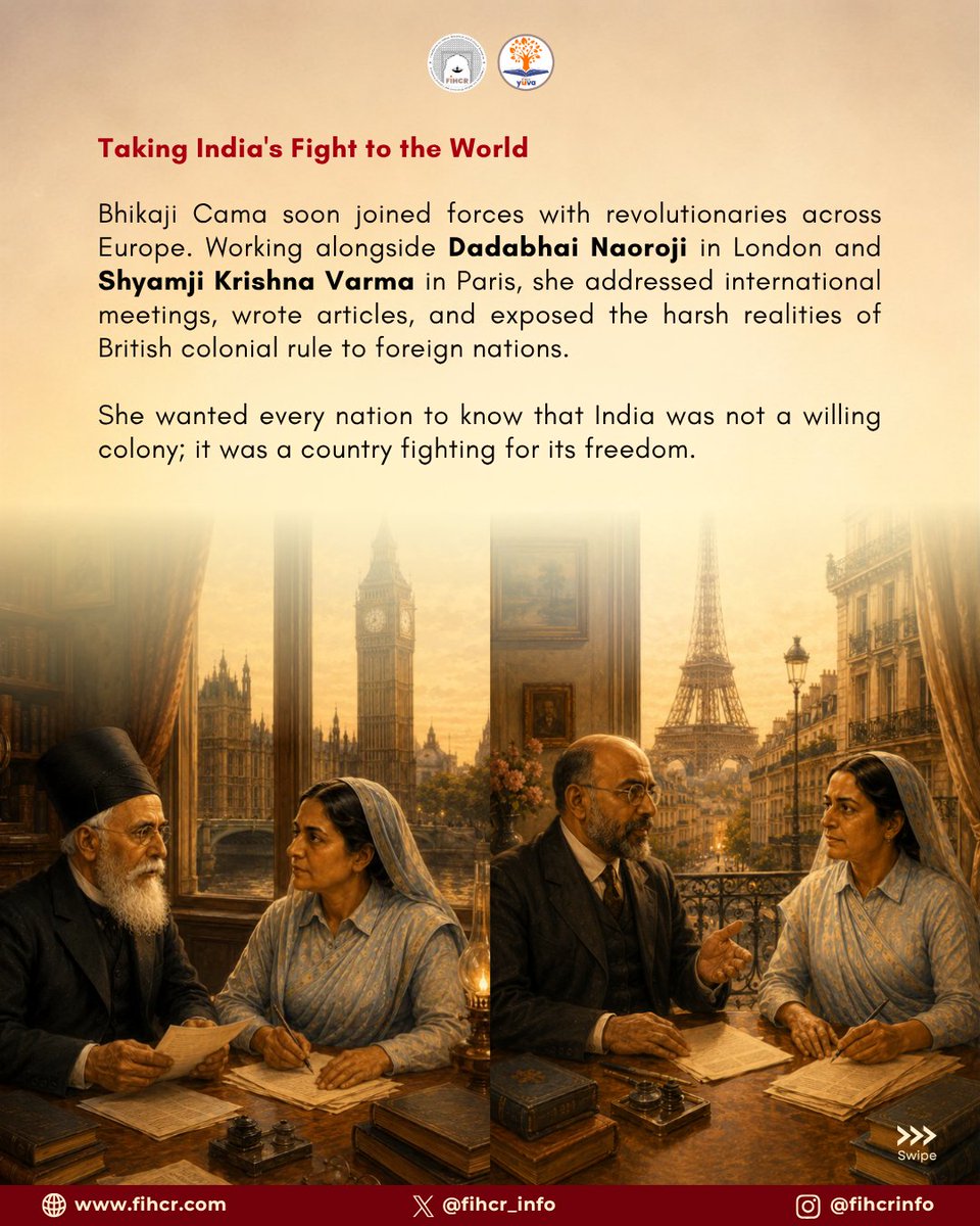 fihcr_info's tweet photo. 📜Rebellion in the Raj  | The Women who Fought for Freedom | Chapter 5: Madam Bhikaji Cama

Some battles are fought on the battlefield. Others are fought with courage, conviction, and an unwavering voice.

More than a century before India became independent, Madam Bhikaji Cama carried India's aspirations onto the world stage. At a time when the British claimed to speak for India, she declared that India would one day speak for itself.

Her courage reminds us that the struggle for freedom was not confined to India's borders; it echoed across continents through the efforts of extraordinary individuals who refused to be silenced.

➡️Swipe through to discover how one woman transformed exile into resistance and made history with a flag that became a symbol of hope.

@MinOfCultureGoI @IN_Archives  @mygovindia  @incredibleindia @vikramsampath  @ichr_1972