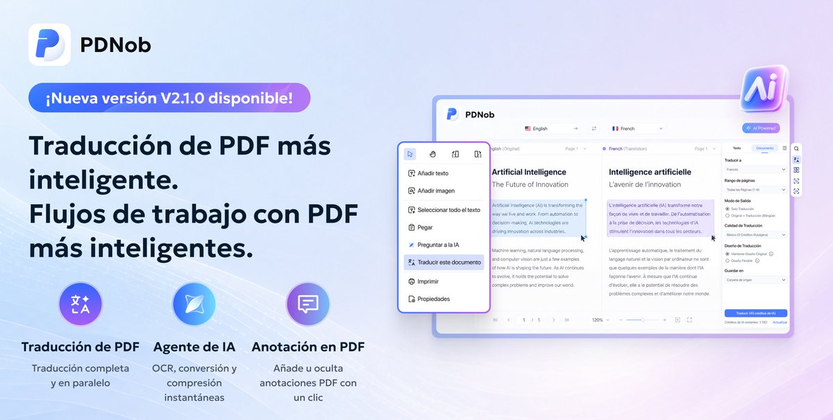 PDNobEspanol's tweet photo. 🚀 ¡PDNob V2.1.0 ya está aquí!
Una nueva forma inteligente de trabajar con PDF. ✨
✅ Traducción con IA
✅ Agente IA
✅ OCR, conversión y más
👉Actualiza tu flujo de trabajo con IA ahora:
https://t.co/tUHGzJ0IJr
#PDNob #AI #PDF #IA https://t.co/zvTtR5ZnsQ