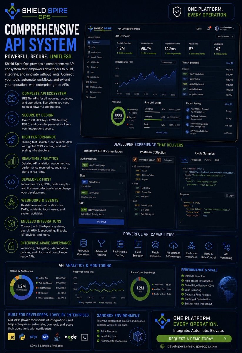 GeecAI_Inc's tweet photo. Great platforms don’t just integrate.

They give developers the power to build.

Shield Spire Ops Comprehensive API System delivers enterprise-grade APIs, webhooks, SDKs, Postman collections, analytics, sandbox environments, and secure authentication - so your operations

(1/2)👇🏻 https://t.co/YBL1qjnt2V