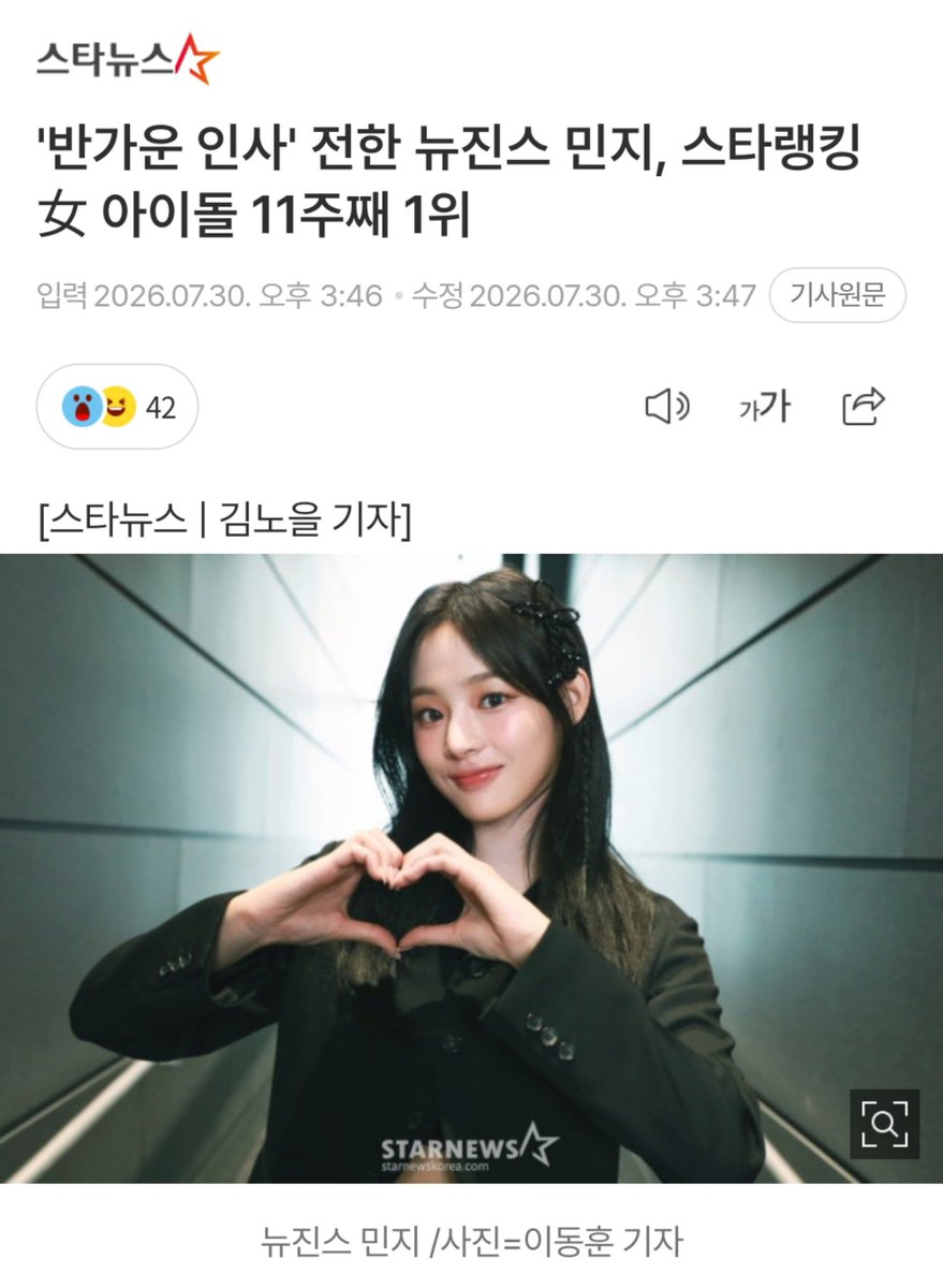 MINJICENTRAL's tweet photo. 📰 260730
Star Ranking Female Idol Ranking Poll

Minji ranked first for 11 consecutive weeks, with 15,421 votes 🎉 https://t.co/riSIAdh82C