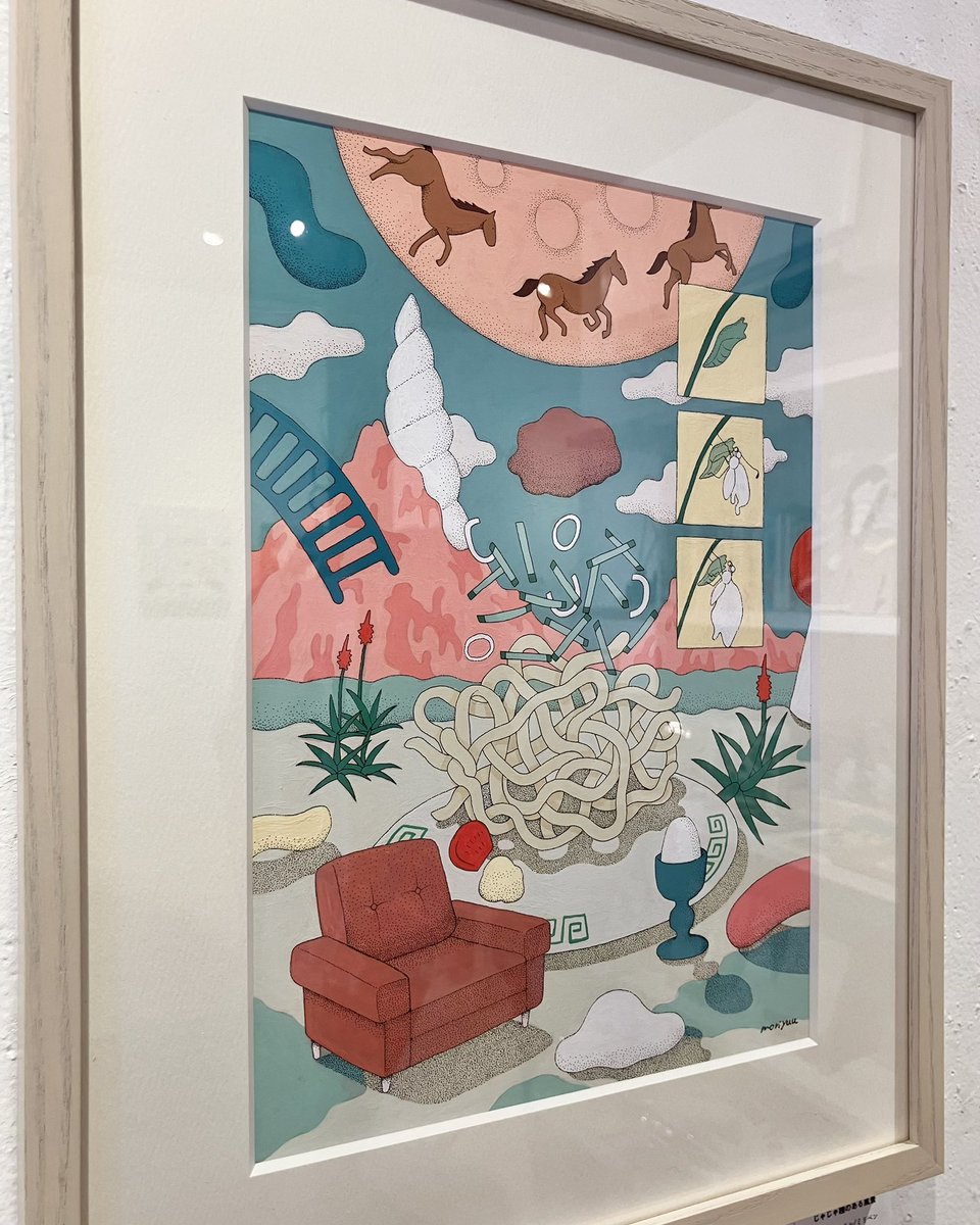 ondo_creative's tweet photo. 【GALLERY｜@ondo_creative ／東京】
⁡
森優 個展『すぐとなりのこと』
7.24(金)-8.2(日)　12:00–19:00　
@ ondo gallery (東京・清澄白河)
⁡
本日もオープンいたしました🌼
⁡
イラストレーター・漫画家の森優さんによる個展を開催。
本展では「自分の頭の中を覗ける窓が部屋にあったら」という着想から生まれた作品を展示しております。

会場では、以前に岩手県盛��市のCyg art galleryさんで開催された「麺展」の作品も、3点ほど展示しております🍜

麺をテーマに描きながらも、心地よい色彩感覚や、どこか現実とも空想ともつかないふわふわとした浮遊感など、森優さんならではの魅力がそのままに息づいています。

本展の作品たちと合わせて見比べることで、森優さんの魅力を多方面から感じていただくことができそうです。

会期もいよいよ残り3日間となりました！
今日も日差しが強く、厳しい暑さの一日となりそうです。
冷房を効かせて涼しくしておりますので、ぜひお立ち寄りください🌿

詳細→https://t.co/0Se7AP4tIg