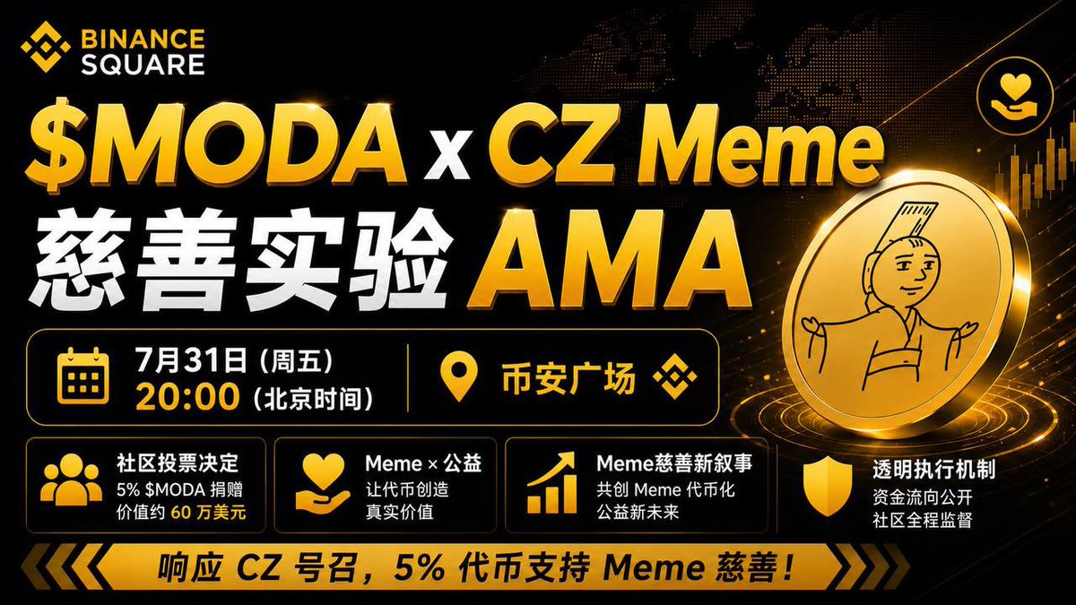 Moon1ightSt's tweet photo. 🎙️ $MODA x CZ Meme慈善实验 AMA

📅 日期：7月31日（今天）

⏰ 时间：20:00（UTC+8）

币安广场：
https://t.co/FTpnJRK0aJ

亲爱的，最近 Meme 圈有一件很有意思的事情值得大家关注

CZ 今天再次公开表示支持所有 Meme 币，并透露未来一到两周内，可能会亲自买卖部分 Meme 代币，测试一些新的想法

同时，他也再次肯定了 Meme 代币用于公益慈善的发展方向，让代币真正创造现实价值

响应 CZ 的理念，$MODA DAO @MODA_BSC 将于 7 月 31 日（今天）正式发起社区治理投票，讨论是否将价值约 60 万美元的 5% $MODA 捐赠至 CZ 钱包，用于支持 Meme 代币化慈善实验

这不仅是一场社区投票，也是一场关于 Meme 未来发展方向的公开讨论

本次 AMA，我们将围绕以下几个重点展开交流：

• 社区为什么提出捐赠 5% $MODA（约 60 万美元）的提案

• 社区投票机制如何进行，资金执行流程与透明度如何保障

• Meme 代币化慈善究竟有哪些可能性，是否有机会复制 Giggle Academy 等公益模式

• CZ 最新关于 Meme 的公开发言，将为整个 Meme 赛道带来哪些新的机会

• $MODA 希望如何通过社区治理，共同探索 Meme 与公益结合的新叙事

如果你关注 Meme、DAO 治理、链上公益，或想了解这次社区提案背后的想法，欢迎来到直播一起交流

期待和大家一起讨论，看看社区最终会做出怎样的决定

7 月 31 日（今天）晚上 8 点，我们直播间见