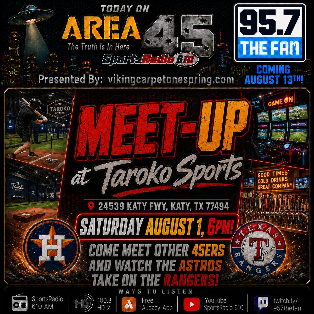 PCreighton1's tweet photo. Area 45 Meet up! LFG! #AREA45 #Sportsradio610 @957thefan @crawfishboxes @shaunbijani @tmilrealdeal
Sat Aug 1 6p! https://t.co/VReKiCsmyL
