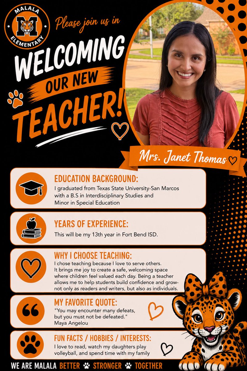 MYE_Leopards's tweet photo. Big Malala Elementary welcome to our new 4th-grade teachers!4th grade is filled with big ideas, deep learning, and exciting discoveries, and we’re so thrilled to have you on our team. @MYE_PTO #BetterStrongerTogether #MakeYourMark https://t.co/YW0rPX3g6C