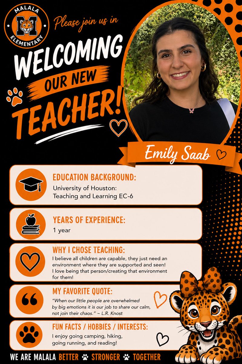MYE_Leopards's tweet photo. Big Malala Elementary welcome to our new 4th-grade teachers!4th grade is filled with big ideas, deep learning, and exciting discoveries, and we’re so thrilled to have you on our team. @MYE_PTO #BetterStrongerTogether #MakeYourMark https://t.co/YW0rPX3g6C