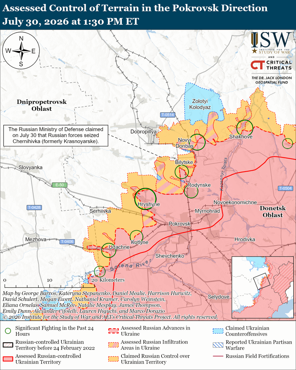 TheStudyofWar's tweet photo. NEW: Russian forces conducted a large-scale strike series against Ukraine on the night of July 29 to 30 that featured a particularly large number of missiles and aimed to exploit Ukraine’s shortage of ballistic missile interceptors. (1/2)

Other Key Takeaways:

Russian missile strikes targeted a wide swathe of Ukraine’s deep rear and resulted in high civilian casualties.

Russian forces continue to increase the number of missiles while decreasing the number of drones in strike packages, likely to exploit Ukraine’s shortage of ballistic missile interceptors, while Ukraine’s drone interception rate remains high.

Russia also used at least one North Korean-provided ballistic missile for the first time since Summer 2025 following reported recent North Korean missile deliveries to Russia.

A likely Russian Kh-101 cruise missile crashed in eastern Poland during Russia’s large-scale missile strikes against western Ukraine on the night of July 29 to 30.

Russian missile and drone incursions into NATO territory during Russian strikes on Ukraine appear to be a risk the Kremlin has accepted.

Ukrainian forces are attempting to help NATO defend its airspace and territory during large Russian missile and drone strikes that threaten NATO members.

Ukraine’s continued strike campaign against Wildberries warehouses (the closest Russian equivalent to Amazon) throughout Russia is imposing significant costs on the company’s retailers and consumers.

Russian authorities appear to be focusing on resolving Wildberries’ supply issues affecting ordinary Russians, as opposed to the more pressing issue of protecting the Russian rear against Ukrainian strikes.

Recently appointed Ukrainian Commander-in-Chief Major General Mykhailo Drapatyi is starting to make personnel changes as he takes command of the Ukrainian Armed Forces.

The Ukrainian Ministry of Defense (MoD) and government continue to undergo personnel shuffles.

Russian forces continued their campaigns against Ukrainian port infrastructure and merchant ships.

Ukrainian forces continued their long-range strike campaign against Russian port and oil infrastructure on the night of July 29 to 30.

Neither Russian nor Ukrainian forces made confirmed advances on July 30.