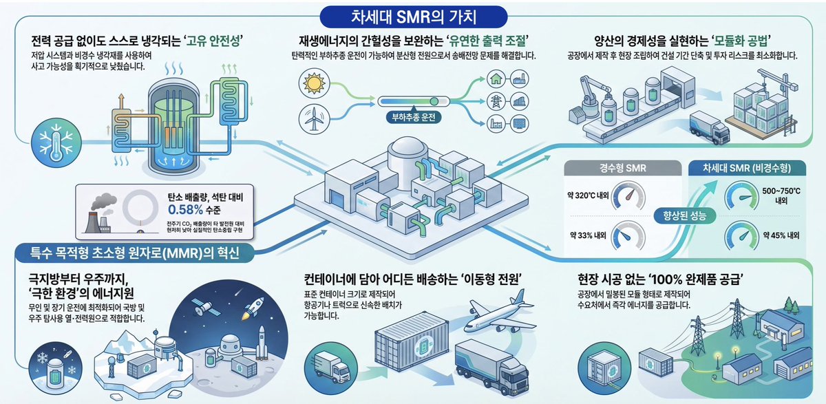 msitminister's tweet photo. <AI 시대, 왜 지금 SMR인가>

차세대 SMR(소형모듈원자로) 수요·공급 기업들과 간담회를 가졌습니다.

반도체, AI 데이터센터, 철강, 조선 기업과 SMR 개발 기업들이 함께 모여 SMR 조기 상용화 방안을 논의했습니다. 

최근 세계 각국은 AI와 탄소중립, 에너지 안보에 대응하기 위해 SMR 개발에 속도를 내고 있습니다. 미국과 캐나다, 중국 등은 일부 노형의 실증과 건설을 진행하며 2030년 전후 상용화를 목표로 경쟁하고 있습니다. 

우리나라는 원전의 설계, 제작, 건설, 운영까지 세계적인 역량을 갖추고 있지만, SMR 상용화는 아직 선도국과 5~7년 정도의 격차가 있다는 평가를 받고 있습니다. 

앞으로 AI 데이터센터와 반도체 클러스터는 막대한 전력을 필요로 합니다. 철강은 탄소를 줄이기 위한 고온 열원이 필요하고, 조선도 무탄소 선박 시대를 준비해야 합니다. 결국 미래 산업 경쟁력은 안정적이고 깨끗한 에너지를 얼마나 확보하느냐에 달려 있습니다.

현재 개발 중인 혁신형 i-SMR의 성공적인 상용화는 반드시 추진해야 합니다. 동시에 산업 현장에서 필요한 고온 열 공급과 선박 추진까지 고려하면 고온가스로(HTGR), 용융염원자로(MSR), 소듐냉각고속로(SFR) 등 비경수형 SMR 개발도 함께 속도를 내야 합니다. 

상용화 시기를 앞당기기 위해서는 연구개발만으로는 부족합니다.
���제 혁신과 투자 확대가 함께 이루어져야 합니다.

발전용 중심의 규제를 산업용 열 공급과 선박 등 다양한 활용까지 반영하도록 개선���고, 민관 공동 실증과 사업화를 위한 투자 기반을 확대하도록 하겠습니다. 또한 핵연료와 인허가 등 핵심 과제도 선제적으로 해결해 나가겠습니다. 

SMR은 단순히 새로운 원자로를 만드는 사업이 아닙니다.
AI 데이터센터와 첨단 제조업, 미래 조선산업을 뒷받침할 대한민국의 새로운 에너지 기반을 만드는 일입니다.

정부도 기술개발과 제도 개선이 함께 이루어질 수 있도록 앞으로도 현장의 목소리를 적극 반영해 나가겠습니다.

#SMR #차세대원전 #iSMR #비경수형SMR #AI데이터센터 #반도체 #철강 #조선 #에너지안보 #탄소중립 #과학기술 #대한민국AI #3대메가프로젝트