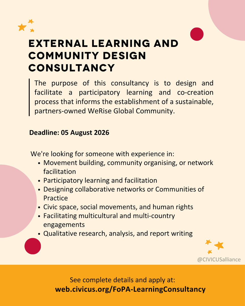 CIVICUSalliance's tweet photo. 📢 Consultancy Opportunity | Learning &amp; Community Design Consultant

🌍 We are looking for a Learning and Community Design expert to support the creation of the WeRise Global FoPA Solidarity Infrastructure.

Full ToR 👉https://t.co/E0t7PeTUX0 https://t.co/UYI5bGs7pd