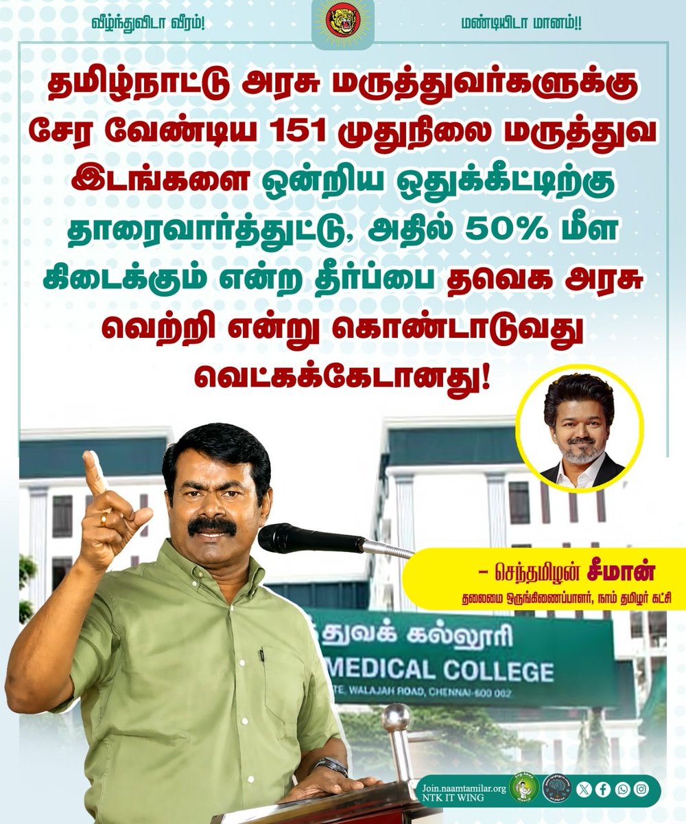 _ITWingNTK's tweet photo. தமிழ்நாட்டு அரசு மருத்துவர்களுக்கு சேர வேண்டிய 151 முதுநிலை மருத்துவ இடங்களை ஒன்றிய ஒதுக்கீட்டிற்கு தாரைவார்த்துட்டு, அதில் 50% மீள கிடைக்கும் என்ற தீர்ப்பை தவெக அரசு வெற்றி என்று கொண்டாடுவது வெட்கக்கேடானது!

செந்தமிழன் சீமான் 
தலைமை ஒருங்கிணைப்பாளர், நாம் தமிழர் கட்சி 

@CMOTamilnadu @TVKVijayHQ