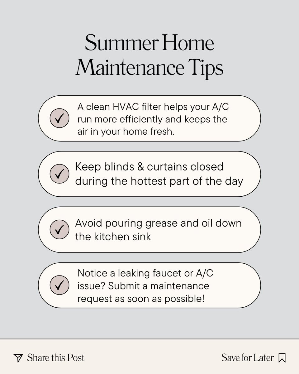 Hamptons_Apts's tweet photo. Get ready for summer, residents! 💪☀️ Remember to keep your blinds closed during peak hours to keep your home cool and save on energy costs. And don't forget to report any AC issues ASAP. We're here to help you beat the heat! 🌡️ #SummerReady #HomeMaintenanceTips https://t.co/sEVtUDbZSi