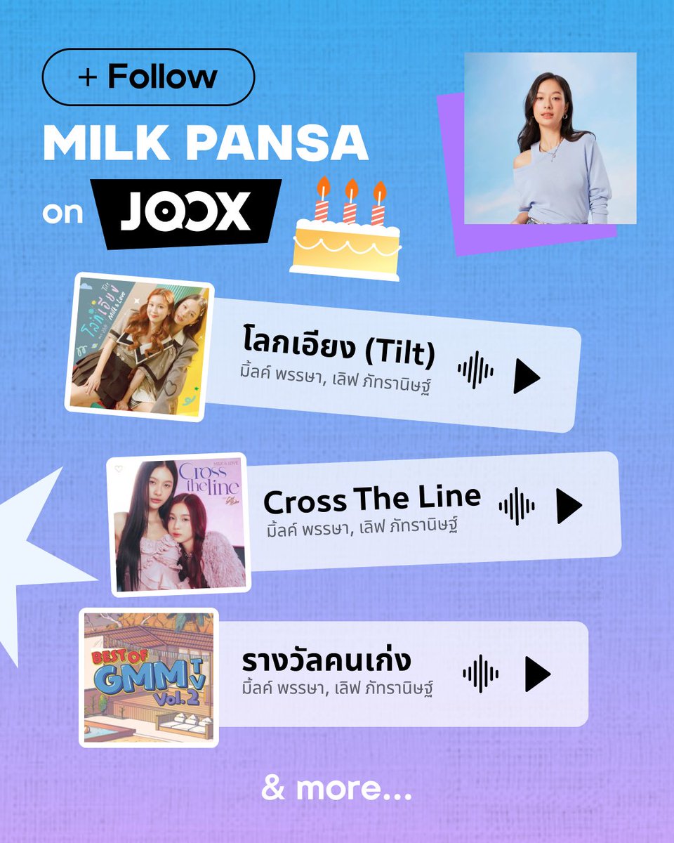 JOOXTH's tweet photo. Happy Birthday to @panlyyy 🎂✨

สุขสันต์วันเกิด ‘มิ้ลค์ พรรษา’ 🩵 ขอให้ทุกวันเต็มไปด้วยรอยยิ้ม ความสุข และเรื่องราวดีๆ ขอให้ปีนี้เป็นอีกหนึ่งปีที่เปล่งประกายในทุกก้าวของการเติบโต มีสุขภาพแข็งแรง และได้รับความรักจากแฟนๆ เพิ่มขึ้นในทุกวันนะ 🫶

มาร่วมส่งคำอวยพร พร้อมเปิด JOOX สตรีมเพลงโปรดจากมิ้ลค์ฉลองวันเกิดไปด้วยกัน 🎧 https://t.co/3oDjQRmjaC  

#MilkPansa #MilkPansa30thBloom
#JOOX #JOOXTH