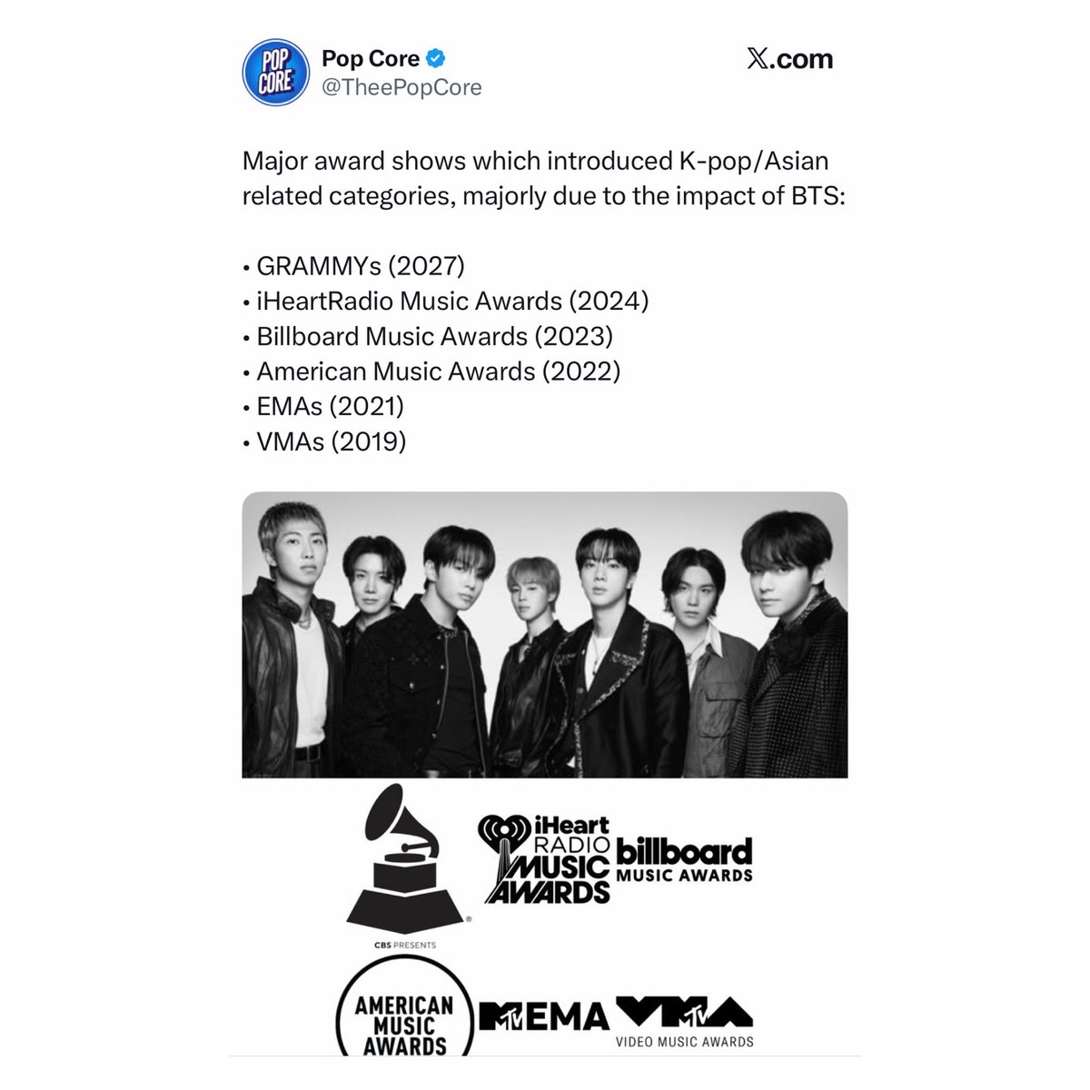 ameviil's tweet photo. the award shows you mentioned created k-pop categories thanks to bts, and bts even won awards in the main categories. because of bts's success, the vmas even brought back the best group category after 10 years. what were you trying to prove? https://t.co/HE5aMQvD5G