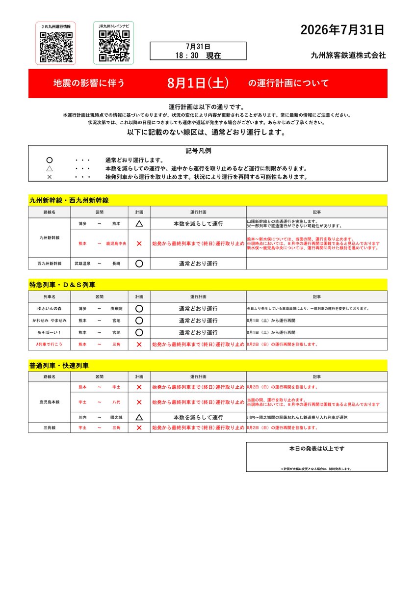 JRkyushuNews's tweet photo. 令和8年熊本地震の影響に伴う【8月1日（土）】の運行計画について（7月31日_18:30時点）

令和8年熊本地震の影響に伴う明日（8月1日）の運行計画をお知らせいたします。

ご乗車の際は、最���の列車運行情報（https://t.co/blp2qESeds）をご確認ください。 https://t.co/VPmi1bANuO
