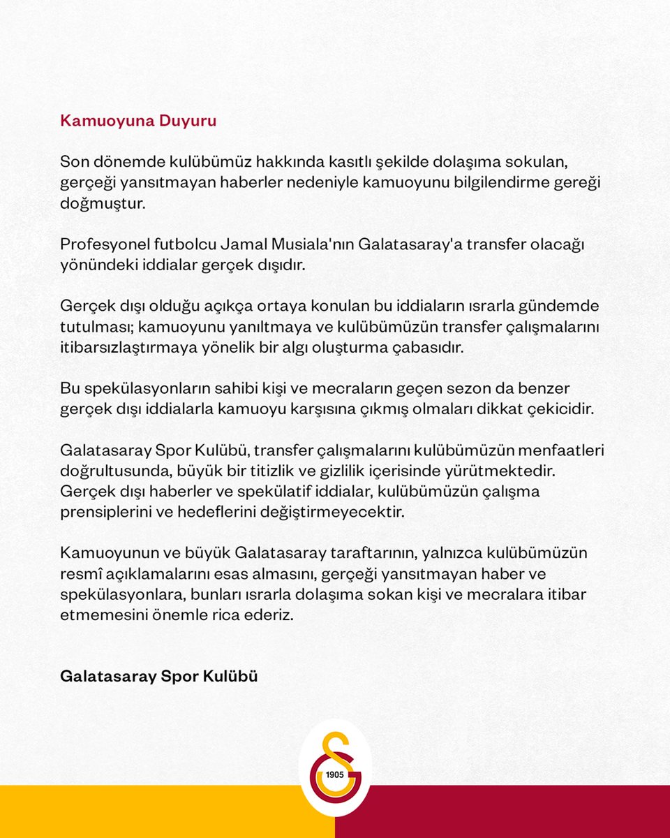 bpthaber's tweet photo. Galatasaray SK: “Jamal Musiala'nın Galatasaray'a transfer olacağı yönündeki iddialar gerçek dışıdır.” https://t.co/dDM0E1BAGG