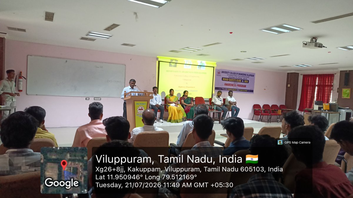 UCEV4's tweet photo. ROAD SAFETY AWARENESS PROGRAM organized by ROADSafetyClub&amp;NSS unit 21.07.2026.Welcome addr-Mr.V.Manivannan,AP/Phy.Education,Presidential addr-Dr.R.Senthil,Dean,Chief Guest addr-  Mrs.K.Hemalatha,DE,Highways,GovtTN,Mr.R.Kannan ADE,Mrs.K.Dhivya, AE,Thanks by Dr.E.Kavitha, HoD/IT. https://t.co/pwHpqsLN9e