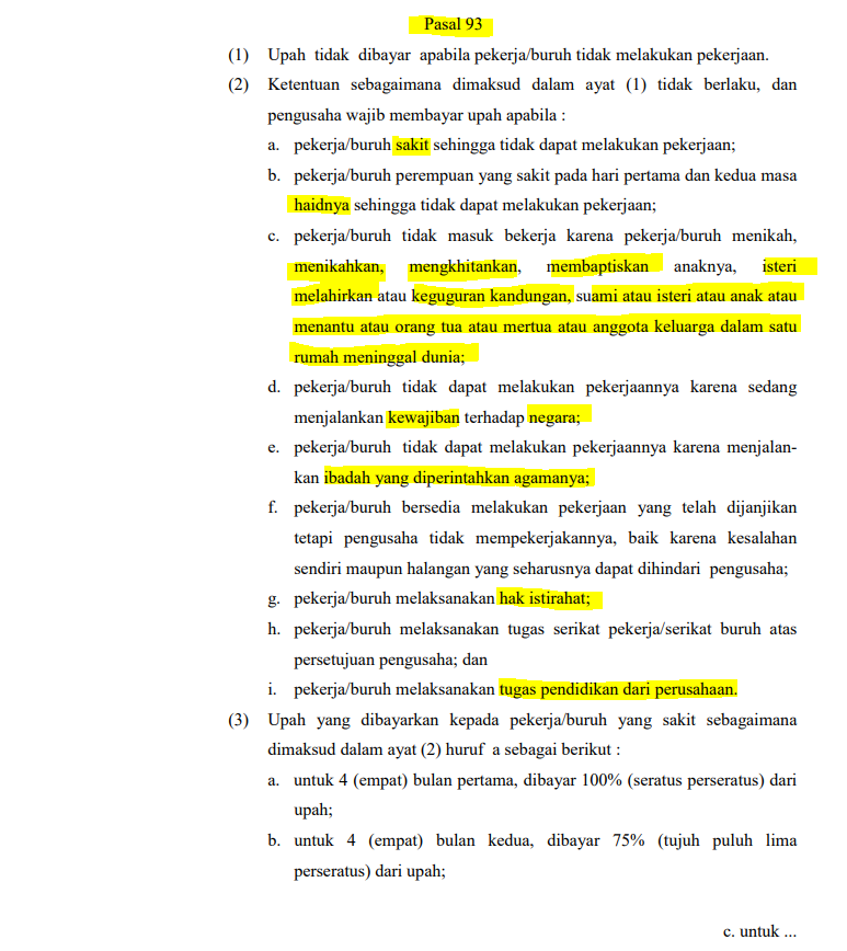 MenteriPekerja's tweet photo. Cuti-Cuti apa saja yg jadi hak pekerja? PEKERJA WAJIB CATAT

- Cuti Tahunan itu 12 hari
- Cuti Haid itu 1-2 Hari
- Cuti Melahirkan itu Min 3 bulan, Max 6 bulan.
- Cuti Keguguran itu1,5 bulan
- Cuti Pendamping istri (melahirkan) itu 2-3 hari
- Cuti Pendamping istri (keguguran) itu 2-3 hari
- Cuti Menikah itu 3 Hari
- Cuti Menikahkan itu 2 hari
- Cuti khitankan anak itu 2 hari
- Cuti baptiskan anaknya itu 2 hari
- Cuti keluarga meninggal itu 2 hari
- Cuti anggota keluarga 1 rumah meninggal itu 1 hari

Cuti dibawah ini tidak ada jumlah hari baku nya, disesuaikan dengan surat tugas/kesepakatan/persetujuan pekerja dan perusahaan :
- Cuti kewajiban terhadap negara 
- Cuti ibadah kewajiban agama 
- Cuti pekerja mau kerja tapi ga diberi pekerjaan oleh perusahaan 
- Cuti melakukan tugas serikat
- Cuti melaksanakan tugas pendidikan dari perusahaan

Alasan Cuti Haid hingga Cuti melaksanakan tugas pendidikan dari perusahaan merupakan hari dimana pekerja bisa tidak masuk kerja tanpa memakai cuti tahunan dan upahnya tetap dibayarkan oleh perusahaan.

Jika penasaran ketentuan yg mengatur ada dimana, bisa baca pasal 93 UU 13 tahun 2003