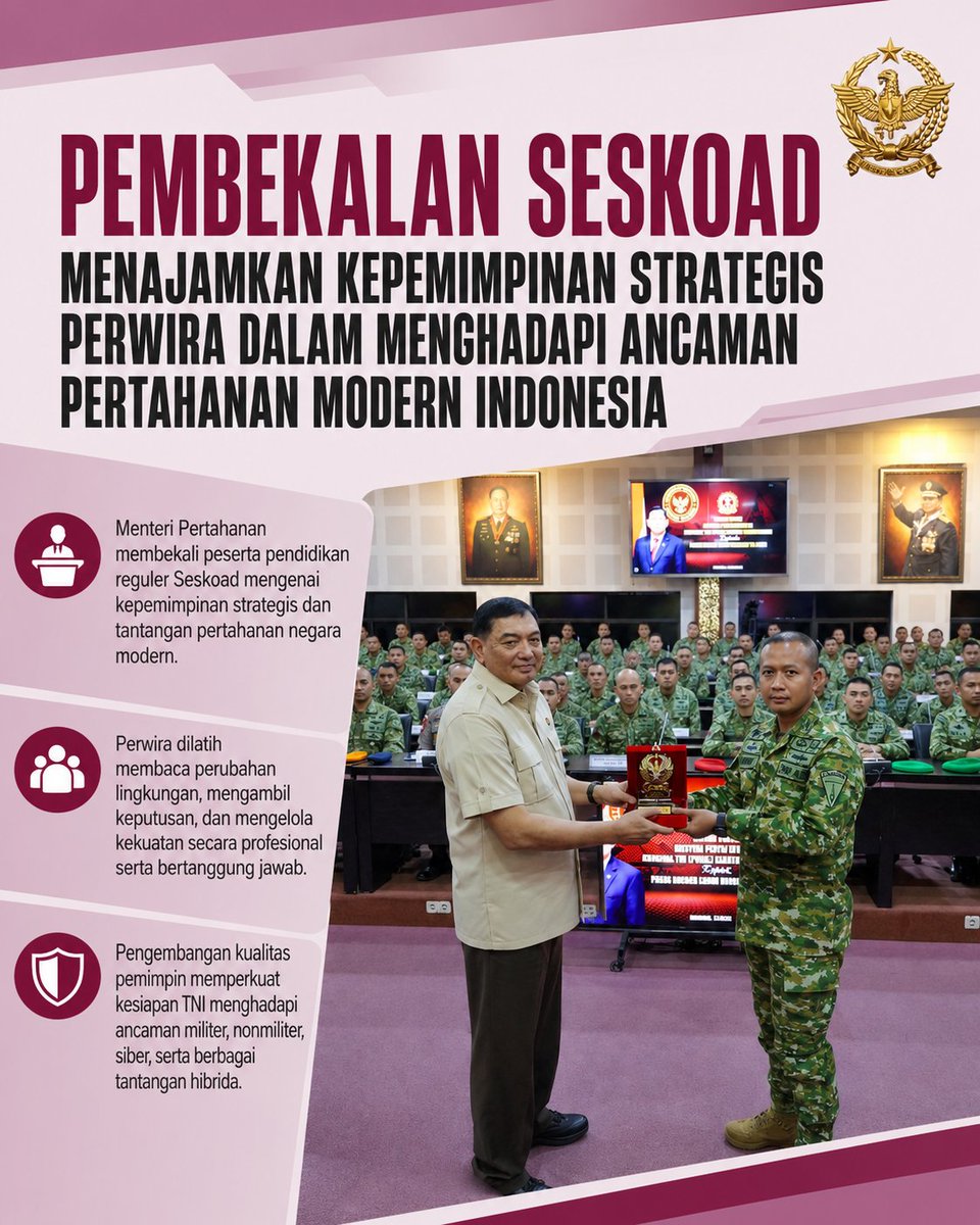 nnzkhaer's tweet photo. Pembekalan di Seskoad difokuskan untuk mengasah kepemimpinan strategis para perwira agar siap menghadapi tantangan pertahanan yang terus berkembang.
#Seskoad #Kepemimpinan #PertahananNegara #jagaindonesia #Kepemimpinan https://t.co/QIi3iPaG4O
