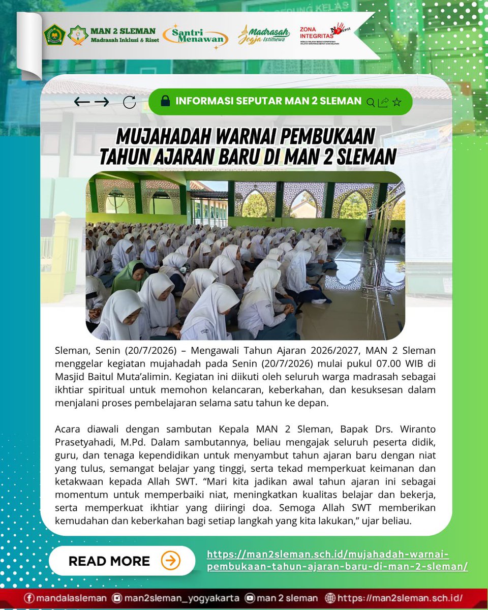 MAN2Sleman2's tweet photo. 📰Mujahadah Warnai Pembukaan Tahun Ajaran Baru di MAN 2 Sleman ✨

Baca berita selengkapnya di https://t.co/zlyMSNSLsF
#BeritaMAN2Sleman https://t.co/wcmu6Gq45I