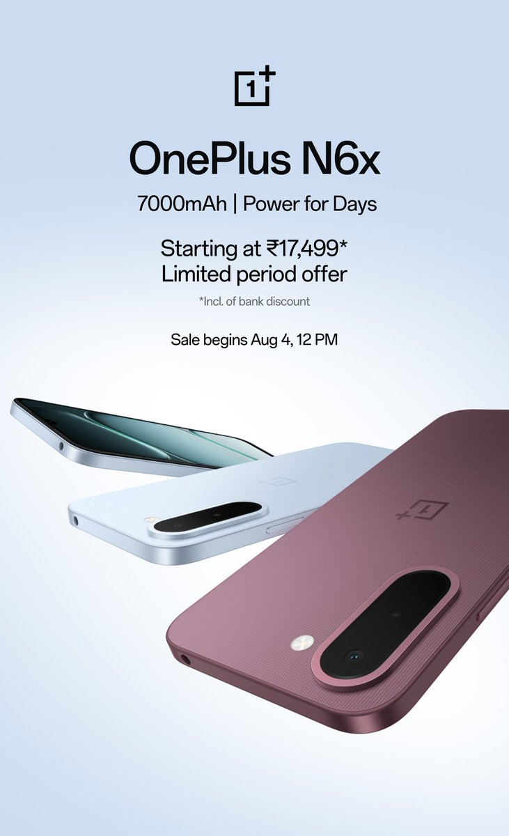 Gadgetsdata's tweet photo. OnePlus N6x launched in India 🇮🇳 

• 6.8" HD+ 120Hz LCD , 900 nits HBM 🔆
• Dimensity 6360 SoC (5G)
• 7000mAh🔋support reverse charging & Bypass charging
• 13MP main 🤳 5MP
• AI eraser, AI unblur
• MIL-STD 810H for better durability, IP64
• 3.5mm headphone jack
• Design is very very similar to OnePlus Nord 5

4+64GB : ₹17,499
4+128GB : ₹19,499

This price includes ₹1,500 instant bank discount ✅

Btw, the best time to buy any phone is right after the launch, because, as we all know, the already launched phones are getting price hikes after every few days‼️