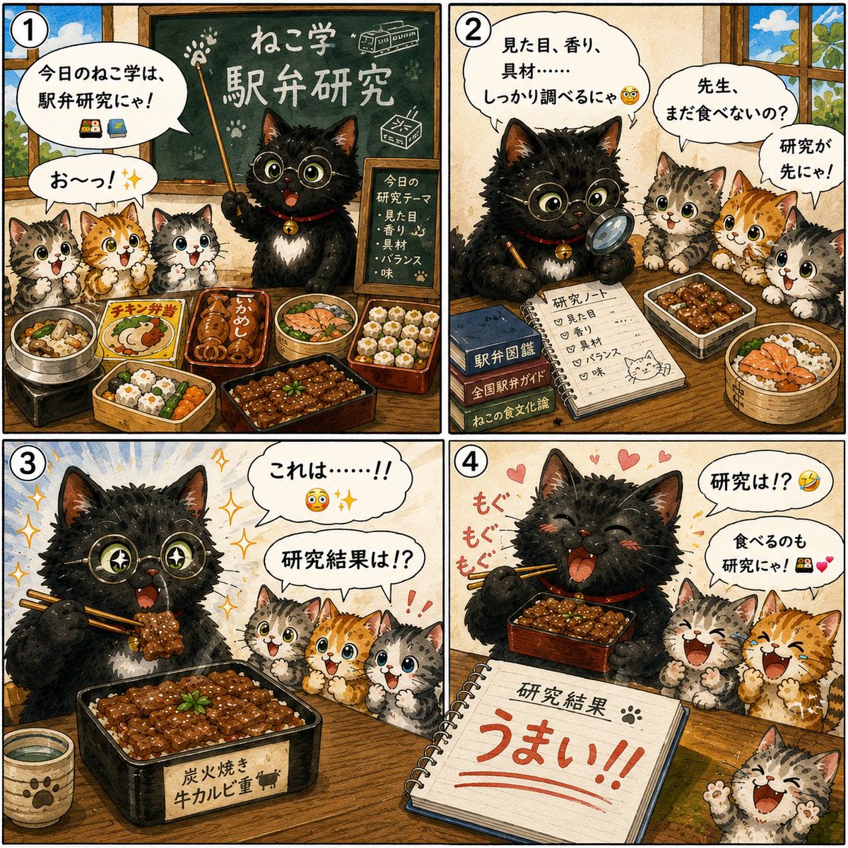 jun_blair_melon's tweet photo. おはにゃ〜🐈‍⬛ 🐾 ✨ 今日のねこ学は「駅弁研究」🍱📚 見た目も香りも、しっかり調査！ 研究結果は……「うまい！！」にゃ🤣

#黒猫クロ #猫漫画 #4コマ漫画 #ねこ学 #駅弁 https://t.co/uXmzsdcnLf