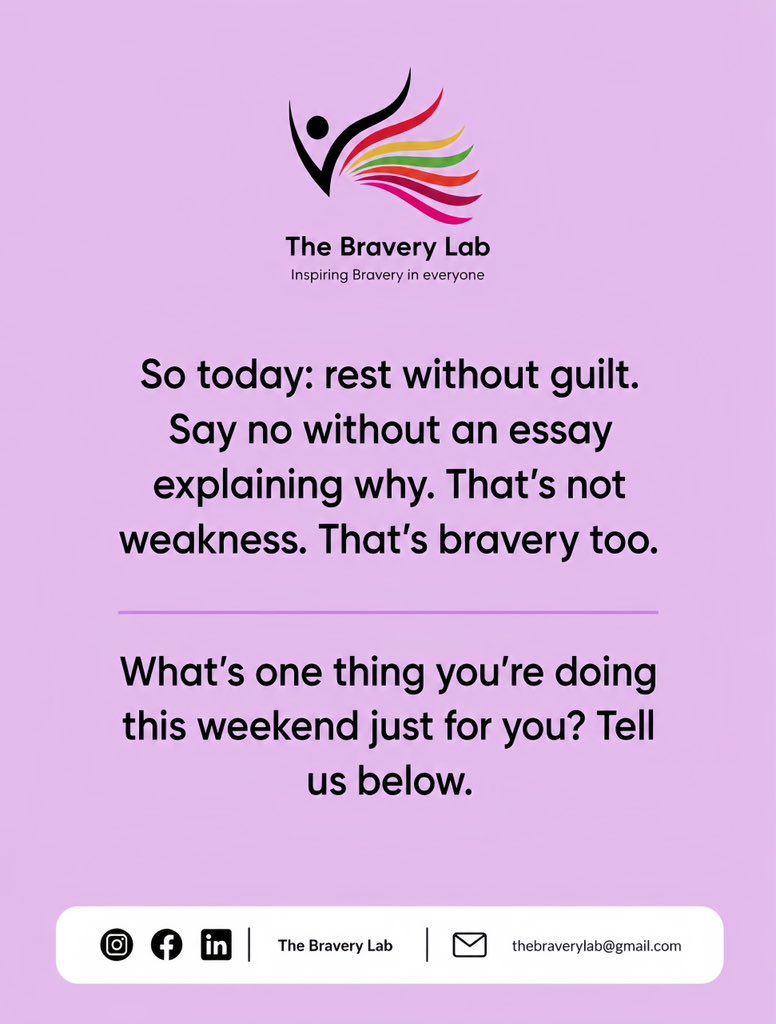 thebraverylab's tweet photo. Rest isn’t quitting, it’s how you keep showing up.
This weekend, give yourself permission to pause. No guilt. No explanation.
Inspiring Bravery in everyone.
#TheBraveryLab #RestIsBrave #InspiringBraveryInEveryone https://t.co/eq4V53G88i