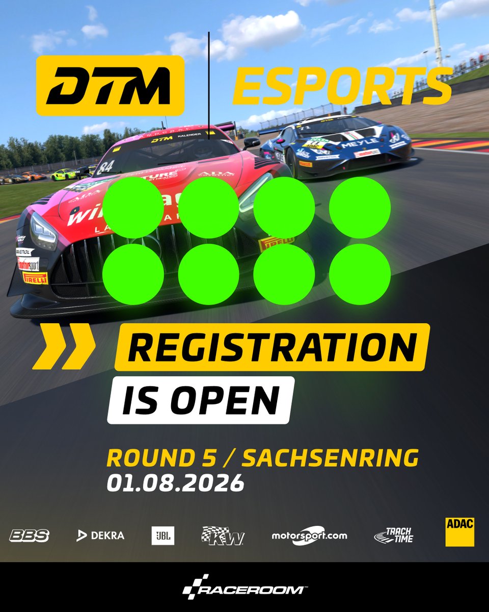 raceroom's tweet photo. Registration is open for #DTMEsports 2026 Round 5 at Sachsenring.

📍 Sachsenring
🏁 Event start: Saturday, August 1 at 17:47 CEST
⏰ Registration closes: Saturday, August 1 at 13:00 CEST

Register now and secure your spot on the grid.
#RaceRoom #simracing #esports #DTM https://t.co/oio5NoxDf1